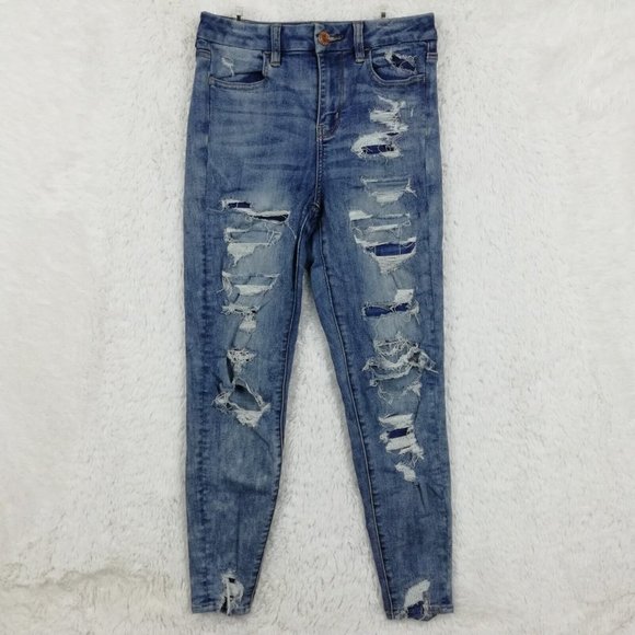 American Eagle Womens Jeans Jeggings Next‎ Level Stretch Blue Denim Rip Short 4S - Picture 1 of 12